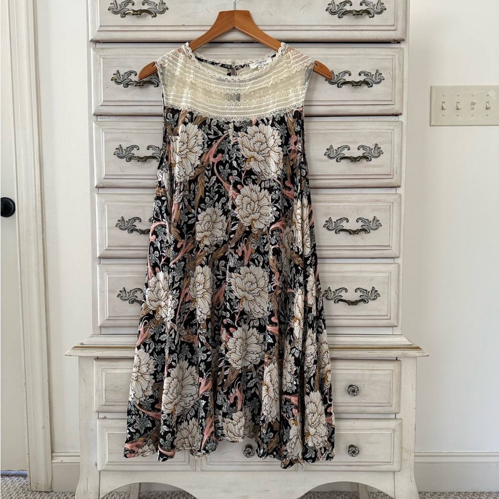 Umgee Black Floral Swing Dress with Cream Lace Yoke and Pink Accents